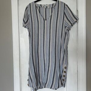 Madewell Linen Blue and White Striped Dress with Button Accents